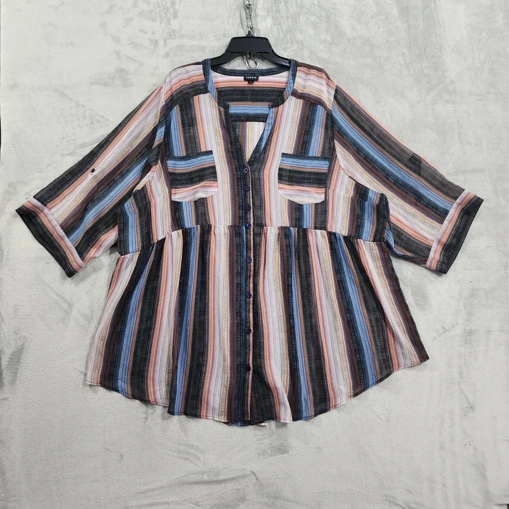 Torrid Top Womens 5/5X Multicolor‎ Striped Button Front Tunic 3/4 Sleeve Sheer